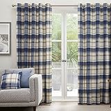 Fusion - Balmoral Check - Pair of Eyelet Curtains - 66" Width x 90" Drop (168 x 229cm) in Navy