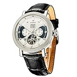 SURVAN WatchDesigner Watch for Men Sapphire Crystal Mechanical Skeleton Automatic Men's Wrist Watches Ion-Plated Leather Strap Copper Watch Needle（White）