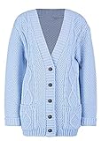 LUXFAB Womens Long Sleeve Button Top Cardigan Chunky Aran Cable Knit Grandad Style Sweater Everyday Casual Warm Knitted Ladies Cardigan UK Sizes 8-26 Sky Blue
