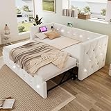 RIAZOS Daybed Single Upholstered Bed Sofa Bed with USB &Type C Charging Sations, 3FT Single Bed 90x190cm with Trundle,Pull out Trundle for Living Room and Bedroom, Velvet (Beige)