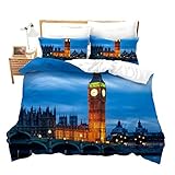 Loussiesd The Big Ben Bed Cover Set Single Size Modern London Themed Duvet Cover 3D City Scenery Bedding Set Blue Cityscape Bedspread Cover with 1 Pillow Shams Microfiber Bed Cover Zipper
