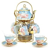 20 Pcs Porcelain Tea Set with Metal Holder, Ceramic Tea Cup Set Service for 6, Flower Tea Set for Women Adults, 700ML Teapot,160ML Teacup, Tea Gift Sets for Home Party Wedding (Blue)