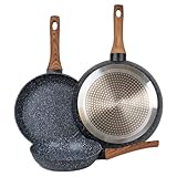wellhouse 3PCS Non Stick Frying Pan Set Saute Fry Pan Granite Skillet Egg Omelette Pans Heat-Resistant Handle Nonstick Pots and Pans Cookware Set with Wood Detachable Handle