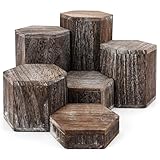 BELLE VOUS 6 Pack of Vintage Brown Wooden Hexagon Display Risers - Wood Showcase Stands for Shelves and Countertops - Step Plinths for Jewellery, Retail, Figures, Cupcakes and Desserts