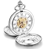 Unendlich U Infinite U Twin-Lids Skeleton Roman Numerals Steel Big Mechanical Pocket Watch Silver Long Necklace with Gift Bag for Men/Women