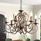 Ganeed Chandeliers French Country Candle Wrought Iron Chandelier Rustic Farmhouse Pendant Light Fixture Hanging Lighting for Kitchen Island Living Room Bronze 6 Lights
