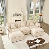 Litbird 274 cm U-Shaped Modular Sofa, 3-Seater Sectional Couch, Cloud Couch with Movable Ottoman, Deep Seat Sofa for Living Room, Beige