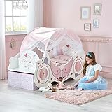 Disney Princess Carriage Toddler Bed with Canopy - Easy to Assemble Kids Bed - Sturdy Engineered Wood Construction, Guarded Sides, Wooden Slats, Fits 140cm x 70cm Mattress (Mattress Not Included)