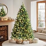 VeryMerry 7FT 'Snowhill' Pre Lit Christmas Tree with 400 Built-In Warm White LED Lights with Auto-Off Timer, 8 Lighting Modes and Foldable Metal Stand