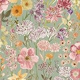 SOPHIE LAURENCE Wildflowers Sage Floral Wallpaper Pink Hand Painted Effect Smooth Matte Botanical Wallpaper for Feature Wall