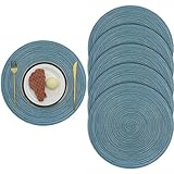 Pauwer 38cm Woven Round Placemats Heat Insulation Non Slip Braided Cotton Dinner Table Mats Large Washable Kitchen Dining Table (Dark Blue, Set of 6)