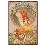 GLOBLELAND Vintage Metal Mucha Tin Sign - Long Hair Woman Art Nouveau Beauty Surrounded by Flowers - Retro Wall Decor for Restaurants Bars Pubs Club - 12x8inch
