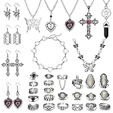 JeryWe 33Pcs Grunge Vintage Punk Necklace Jewelry Set Gothic Earrings Fairy Butterfly Boho Crystal Y2k Cross Pendent Heart Choker Goth Adjustable Stackable Knuckle Rings Y2k Accessories for Women