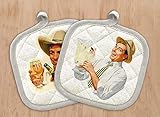 Pot Holders Set of Two with Vintage Prints Man with Beer and Lemonade