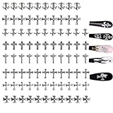 80Pcs Leeneen Silver Metal Cross Nail Charms for Nails Design,Y2K 3D Chrome Nails Art,Vintage Alloy Cross Heart Skull Acrylic Charm for Women, Halloween Nail Supplies (L1)