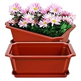 HANABASS 2 Sets Plastic Bonsai Pot with Drip Tray, Shallow Flower Planter for Nursery, Bonsai, Garden, Balcony 16.9X12.2X6.5 Inch
