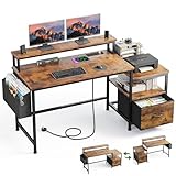 EnHomee Gaming Desk-140x50CM Corner Computer Desk with Fabric Drawers, Sturdy Home Office Desk with Charging Port & Power Outlet & Monitor Shelf, Reversible L Shaped Gaming Desk for Study Table
