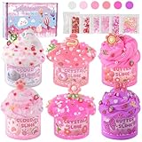 LAWOHO 6 Packs Gradient Pink Slime Kit - Cloud, Clear & Butter Slime Making Kit for Kids, Soft & Non Sticky Fluffy Slimes Kits for Girls & Boys with Cute Charms & Add-ins, 360ml Slimes Party Favors