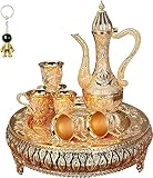 Vintage Turkish Coffee Tea Pot Set,Antique Metal Teapot and Cup Set for One,Golden Wine Decanter for Home Tea Table Decor,Wedding Gift