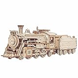 ROBOTIME Steam Train 3D Puzzle Wooden Model Kits for Adult to Build, Self Assembly Mechanical Construciton Craft Kit for Kids, Teens