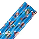 Hallmark 6M Wrapping Paper, Pack of 3, Super Mario Bros., Mario & Luigi, 2M Each, Birthday, Christmas, Blue