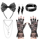 QhgPnt 5-Piece Madonna Fancy Dress 80s Set, Womens 80s Accessories for Parties, Includes Lace Headband Fishnet Gloves Necklace Earrings Bracelets, Black Retro Costume for Halloween Carnival