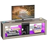 Bestier TV Stand Cabinet 140CM Entertainment Center Led Tv Stand Modern TV Unit with Glass Shelf RGB LED Lighted for 55 inch TVs with Ambient Lights for Living Room Bedroom (Grey Wash)