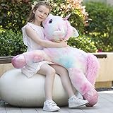MorisMos Giant Unicorn Teddy for Girls, 110cm Cuddly Plush Pillow Big Fluffy Rainbow Pink Unicorn Stuffed Large Soft Toy Gift for Kids Girlfriend Birthday Mothers Day Deco