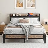IRONCK Double Bed Frame with Storage Shelf Upholstered Headboard, Platform Bed Frame with Charging Station, Metal Bed Frame/UnderBed Storage, Enhanced Support Noise Free, Vintage Brown+Grey
