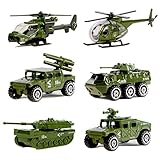 Nunki Toy Die-cast Metal Military Vehicles Playset,6 Pack Assorted Army Vehicle Alloy Models Car Toy, Mini Army Toy Tank,Jeep,Panzer,Anti-Air Vehicle,Helicopter for Kids Toddlers Boys