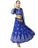 Grouptap Bollywood indian womens long-sleeve anarkali lehenga choli saree dress blue arabian princess belly dance skirt outfits costume (Blue, 150-170 cm, 45-70 kg)