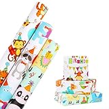 Birthday Wrapping Paper Roll,3Rolls 43cm x 3m Animal Gift Wrapping Paper Kids Wrapping Paper for Boys Girls Birthday Gift Decorations