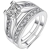 JUDE 925 Sterling Silver Princess Cut Wedding Engagement Bridal Ring Set (J)