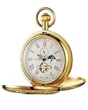 Tiong Men's Mechanical Pocket Watch with Chain Tourbillon Moon Phase Antique Steampunk Double Hunter Pocket Watches with Box