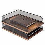 Set of 2 Vintage Wood & Metal Letter Tray，Desk Organizers Paper Tray，Office File Organizer(Black)