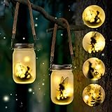 Adiwo 2 Pack Fairy Solar Lanterns, Solar Fairy Lights Glass Mason Jar LED Hanging Lamp, IP44 Waterproof Hanging Frosted Glass Mason Jar Lights, for Patio, Garden, Terrace, Lawn(Warm White)