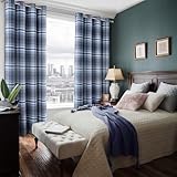 always4u 100% Blackout Tartan Curtains Highland Check Eyelet Curtain Woolen Look Plaid Brushed Cheque Pair of Window Treatment for Bedroom Living Room Navy Blue 46 * 54 Inches