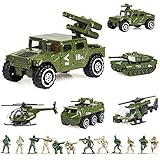 18 Pack Die-cast Military Vehicles Sets - 6 Pack Assorted Alloy Metal Models - 12 Pack Soldier Army Men, Mini Army Toy Tank, Panzer, Anti-Air Vehicle, Helicopter Playset for Boys