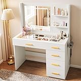 YITAHOME Dressing Table, Makeup Desk, Vanity Desk with Mirror and 5 Drawers, Makeup Vanity for Dressing Area/Bedroom, Dressing Table with LED Lights & Power Hub & Glass Tabletop, White, 100x40x140 cm
