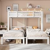 BTM Bunk Bed, Triple Single Beds, 3FT Triple Sleeper Wooden Bunk Bed Large Childrens (White, 3FT Single*3)