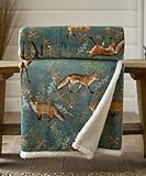 Deyongs Fox & Deer Super Soft Sherpa Throw Blanket 180x140cm – Reversible Fleece Flannel Throw – Cosy Winter Bed Sofa Blanket – Machine Washable – Mulberry, Navy, Dark Green – 100% Polyester [DG]