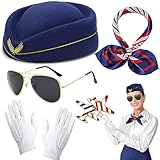 Beamely 5Pcs Airline Stewardess Costume Accessories Set, Flight Attendant Fancy Dress Kit with Stewardess Hat Scarves Brooch Sunglasses Gloves Cosplay Outfit for Adults Cosplay Dress up Party