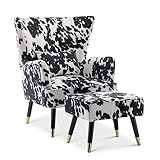 Cow Print Velvet Accent Wingback Chair with Footstool, Funky Occasional Armchair for Living Room, Bedroom, Conservatory, Reading, High Back with Cushion, Bedroom Chairs & Stools, Black & White