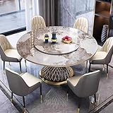 Adjustable Folding Dining Table with Lazy Susan, Round Sintered Stone, Modern Circular Marble Pedestal, Metal Base for Office and Home