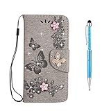 Grandoin Huawei P10 Plus Case, Floral Bling Sparkly Diamonds Gems Butterfly Pattern Design Premium PU Leather Magnetic Flip Cover with Card Slots Holders Case For Huawei P10 Plus (Gray)