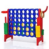 COSTWAY Giant Connect 4, 3-in-1 Indoor Outdoor Family Game with Basketball Hoop, Ring Toss, 42 Jumbo Rings, Quick-Release Slider, Four in A Row Game Set for Kids Adult (Red)