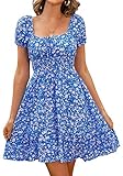 Livonmone Womens Summer Casual Sweetheart Neckline Puff Sleeve Floral Print High Waist Dress Boho Beach Mini Short Dresses (Blue, S)