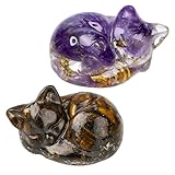2PCS Cat Statue, Crystal Cat, Cat Ornaments, Tiger Eye Stone Statue, Amethyst Decoration, Mini Crystal Cat Ornament for Home Office, Birthday Gift, Cute and Exquisite