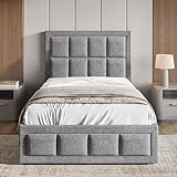 Blisswood Single Bed Frame, 3ft Upholstered Ottoman Bed, UKFR Linen Fabric Ottoman Storage Bed With Gas Lift End Opening Wooden Slats With Storage (3ft Single, 100 x 204 cm, No Mattress)