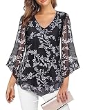 Gemulate Blouses for Women UK V Neck 3/4 Flared Sleeve Batwing Tops for Women UK Chiffon Blouses Ladies Wedding Guest Tops Plus Size Evening Shirts -Black, XL